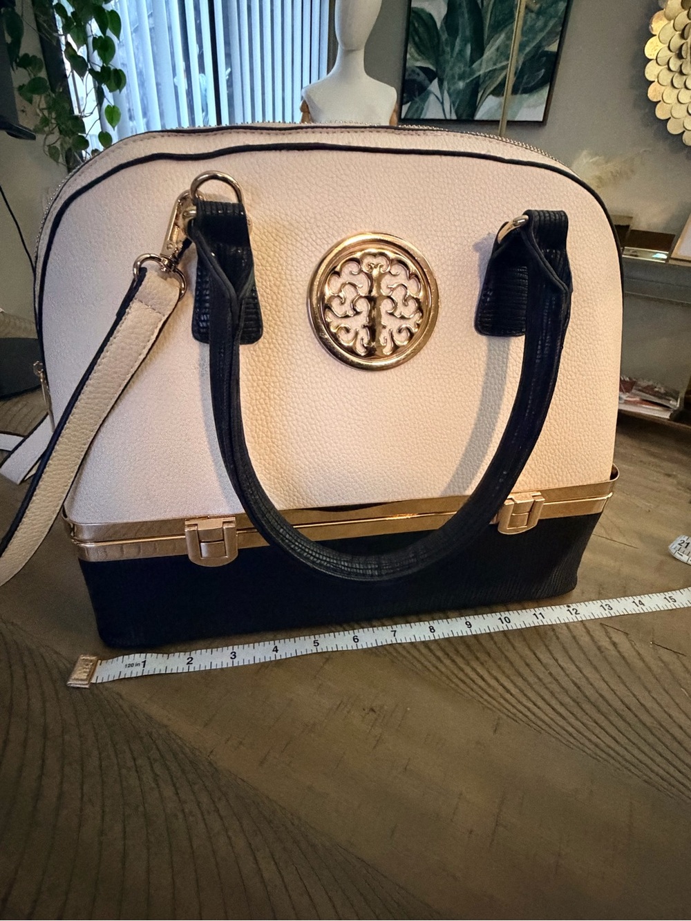 Women’s Two-Tone Pink and Black Structured Satchel with Gold Hardware - Picture 6 of 12